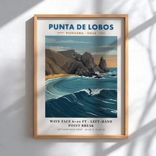 Punta De Lobos surf break poster featuring blue waves and rocky Chilean coastline.