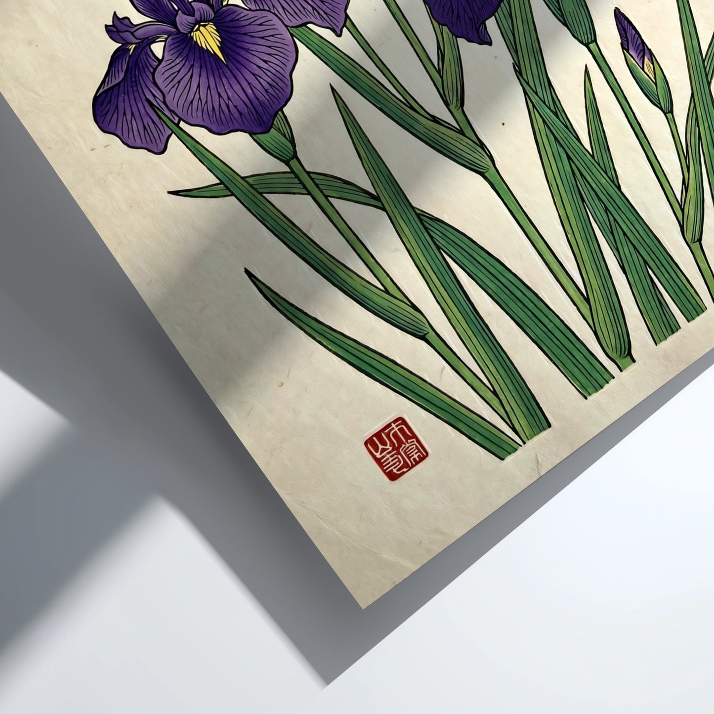 Japanese art style poster featuring purple irises and green leaves