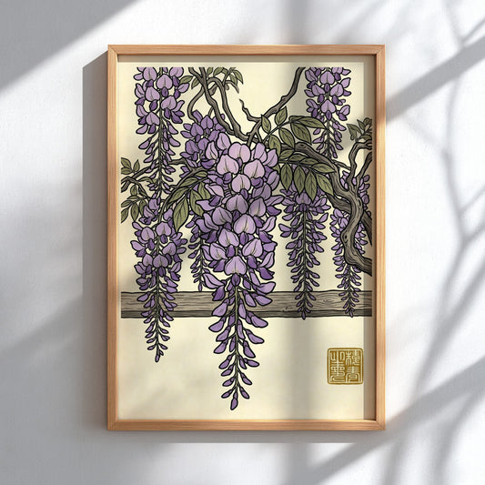 Purple wisteria poster featuring delicate lavender blossoms in Japanese art style