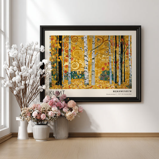Wall art print featuring Klimt's Purpur with golden birch trees and vibrant colors