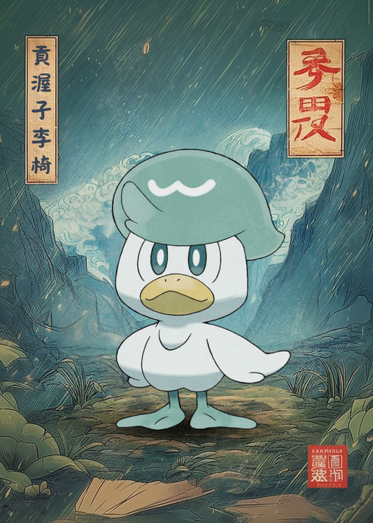 Quaxly Pokemon character standing in a forest with Chinese text on a dark background