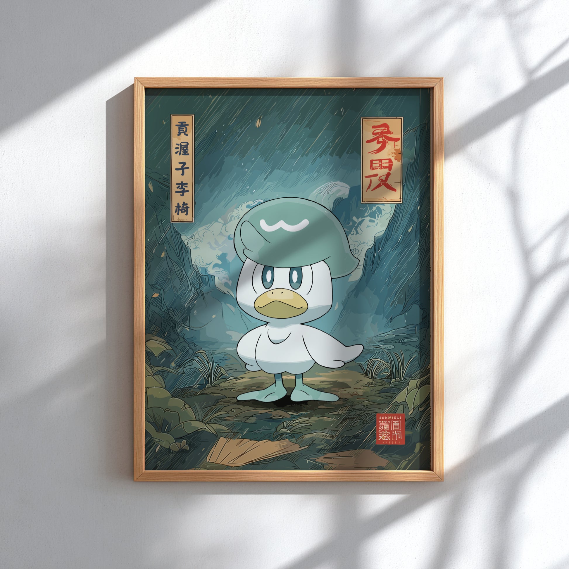 Framed illustration of Quaxly Pokemon character with Chinese text on a dark background