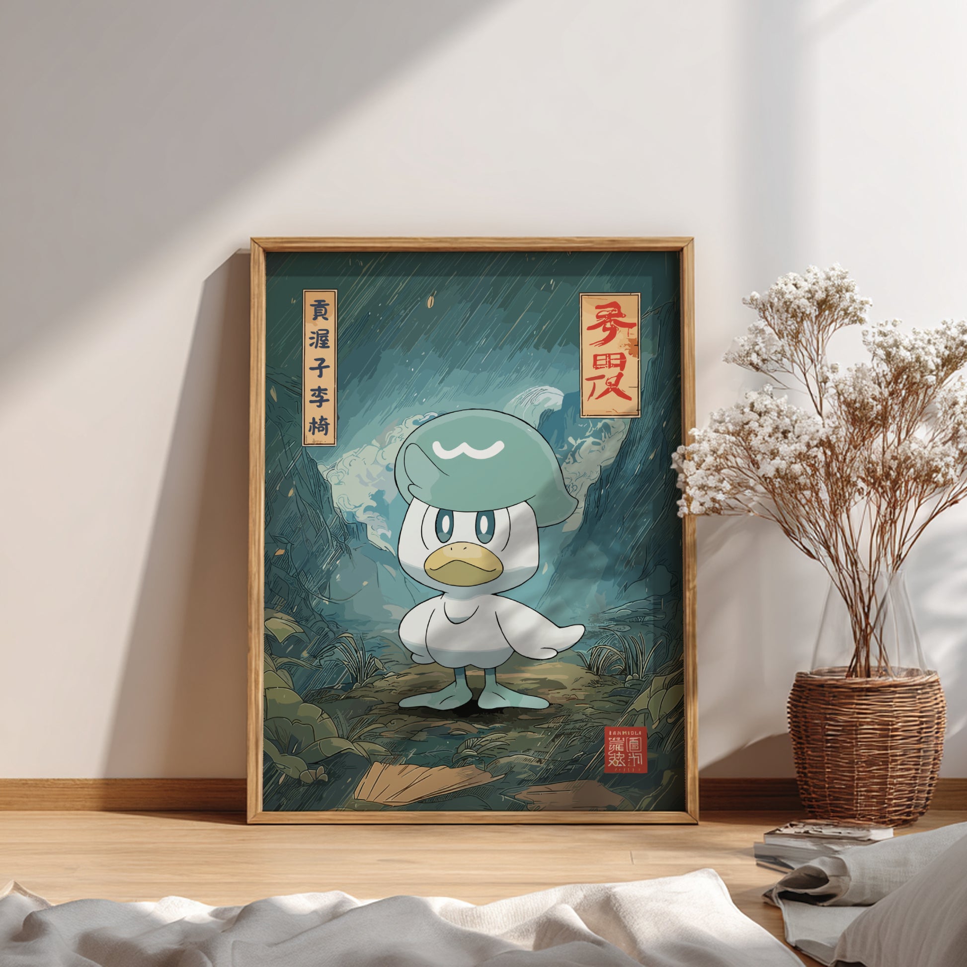 Framed artwork of Quaxly Pokemon character on a wall with a plant and decor items below.