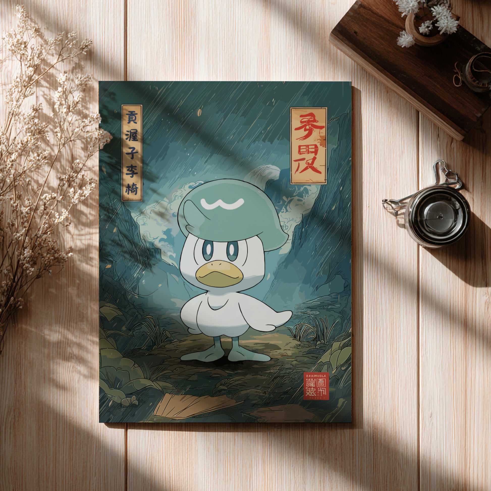 Book cover with an illustration of Quaxly Pokemon character on a wooden surface