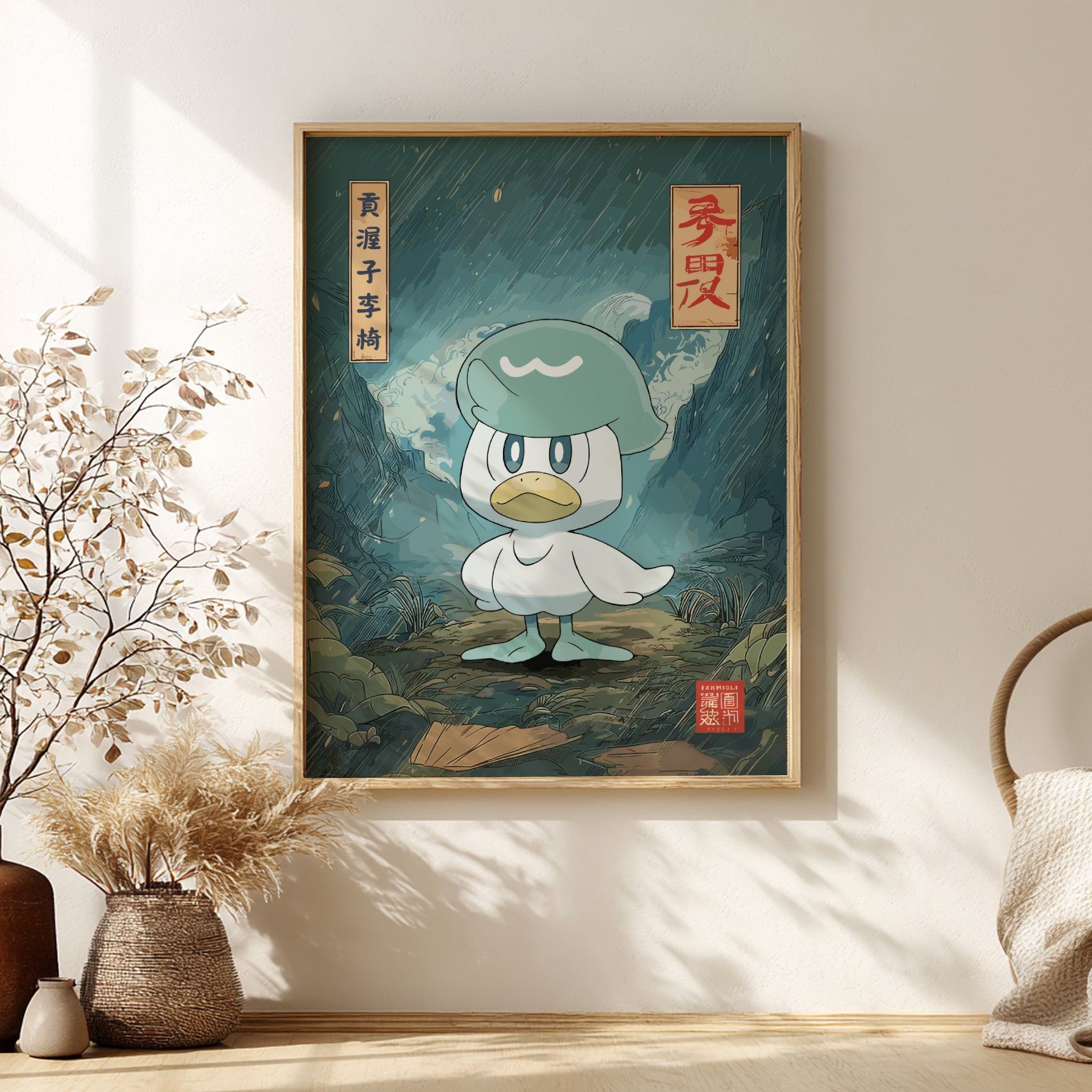 Framed artwork of Quaxly Pokemon with a nature-themed background on a wall.