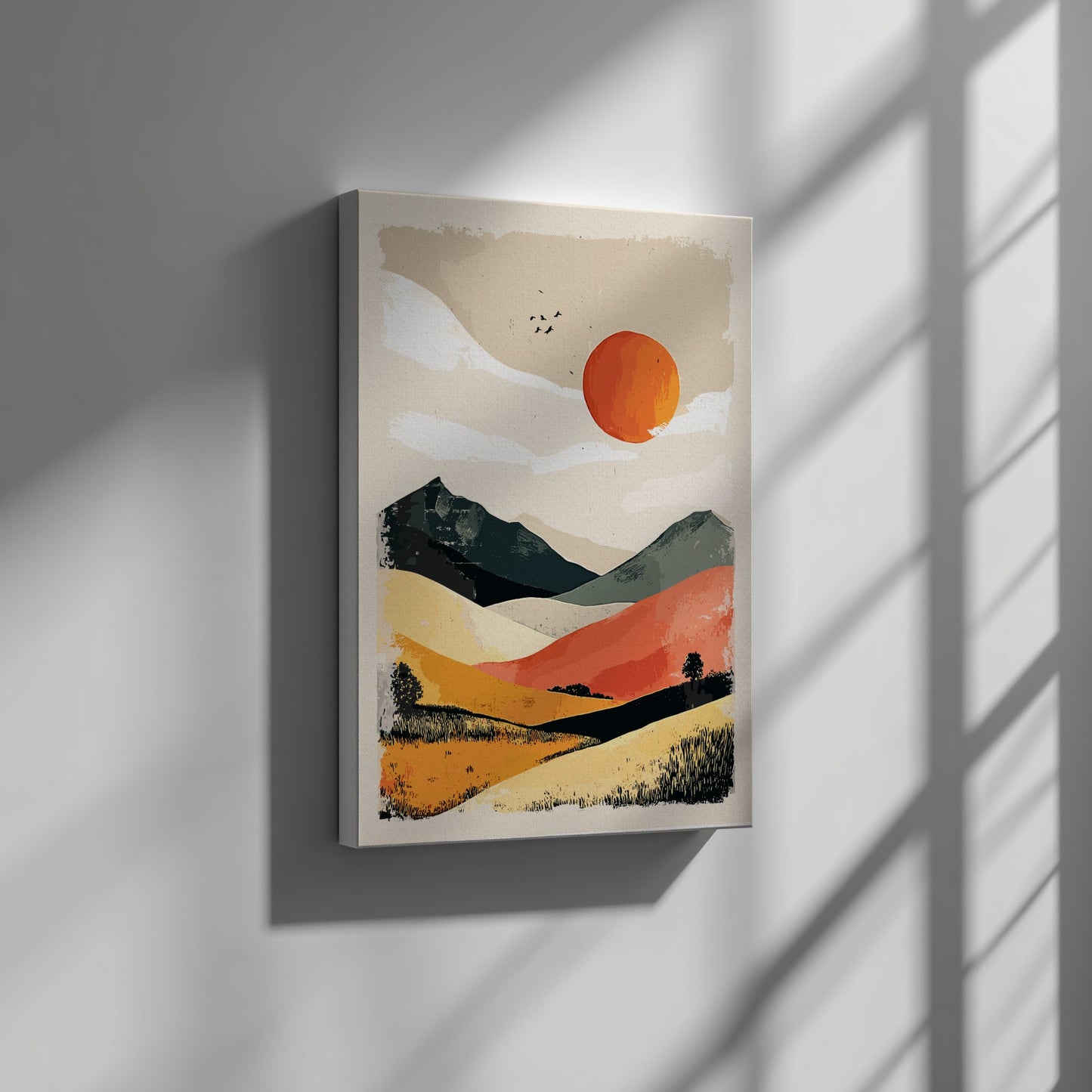 Abstract landscape painting with a sun and mountains on a wall.
