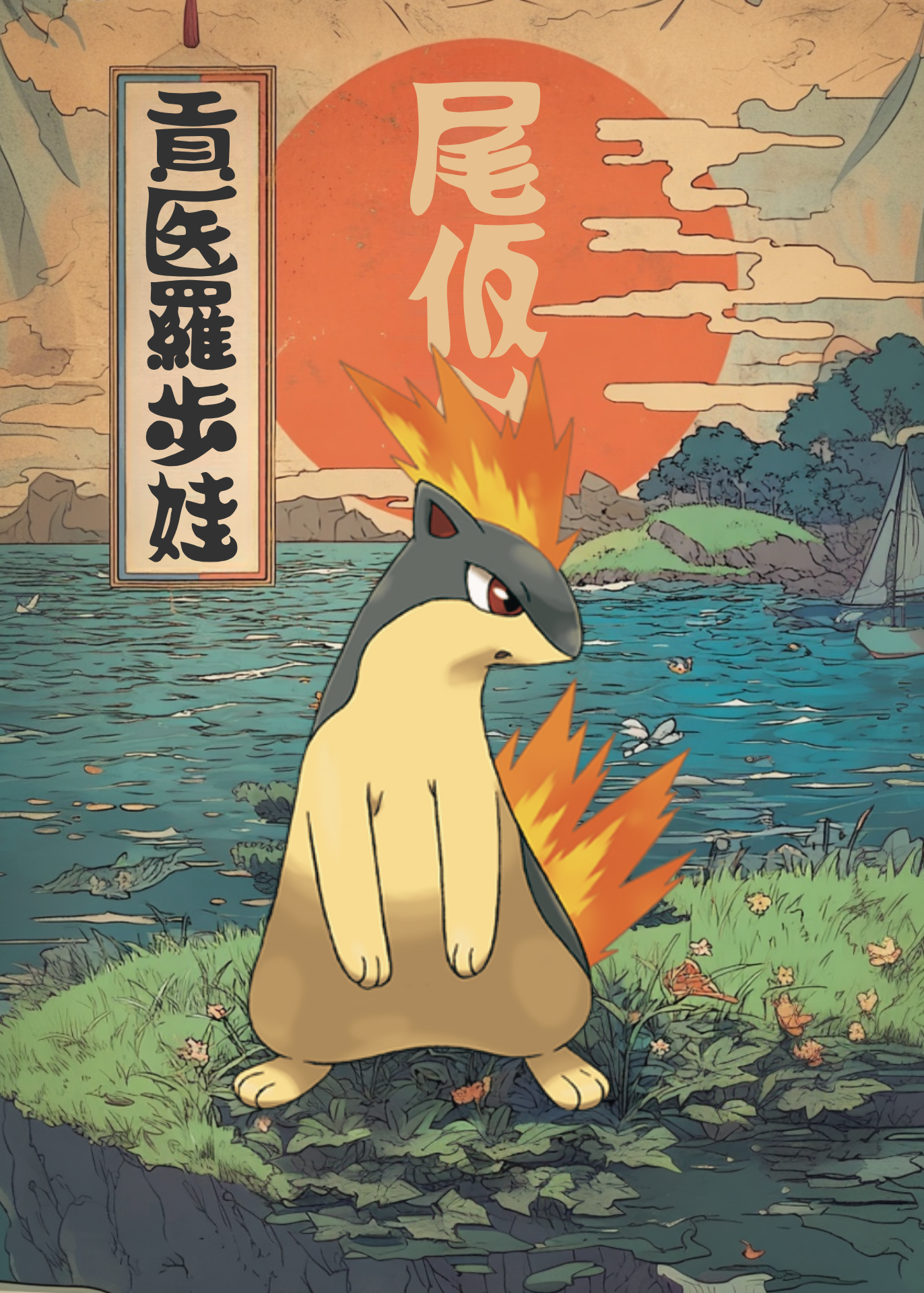 Quilava Pokemon design in a scenic setting with mountains and water.