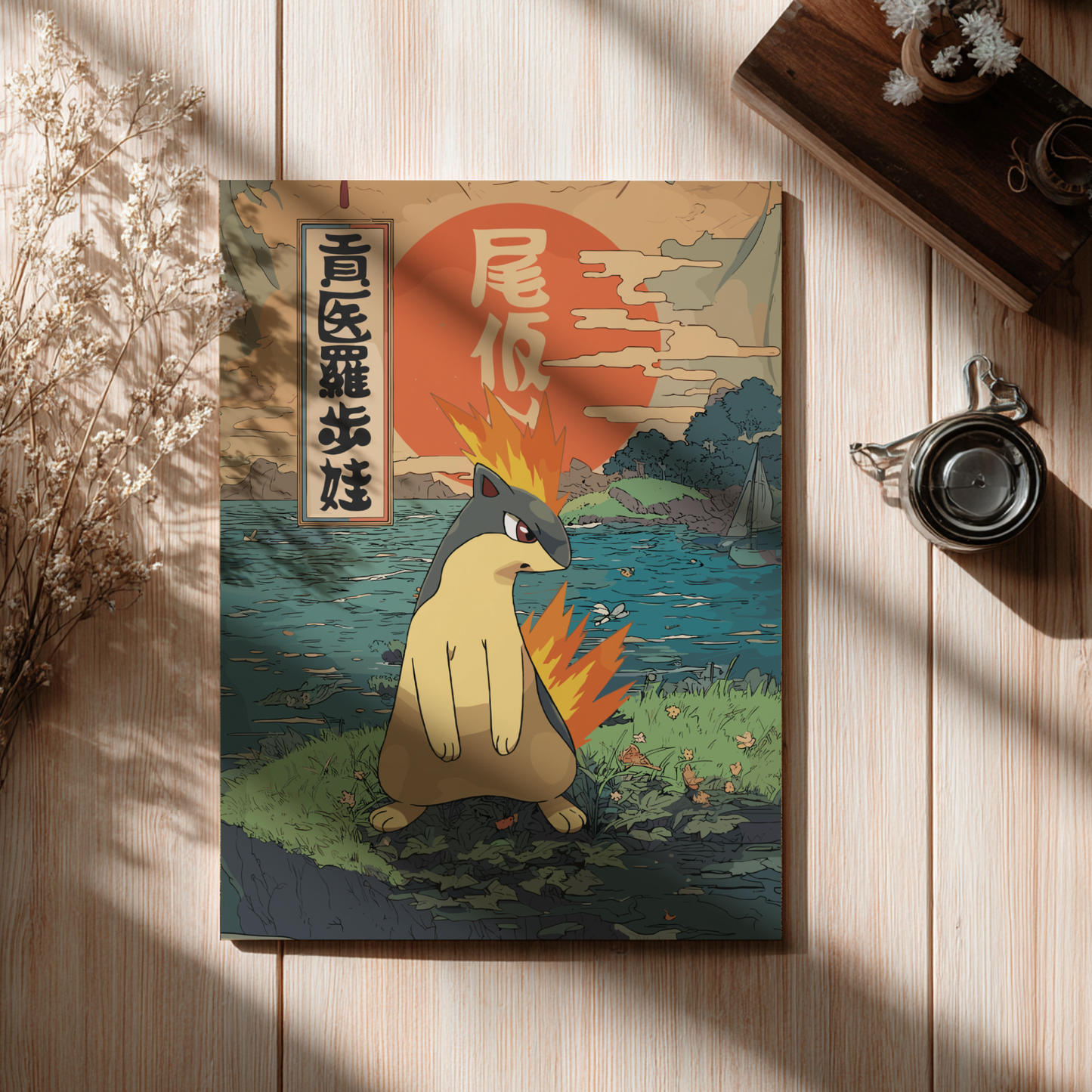 Wooden board with a stylized illustration of Quilava Pokemon on a wooden surface with a cup and dried plants.
