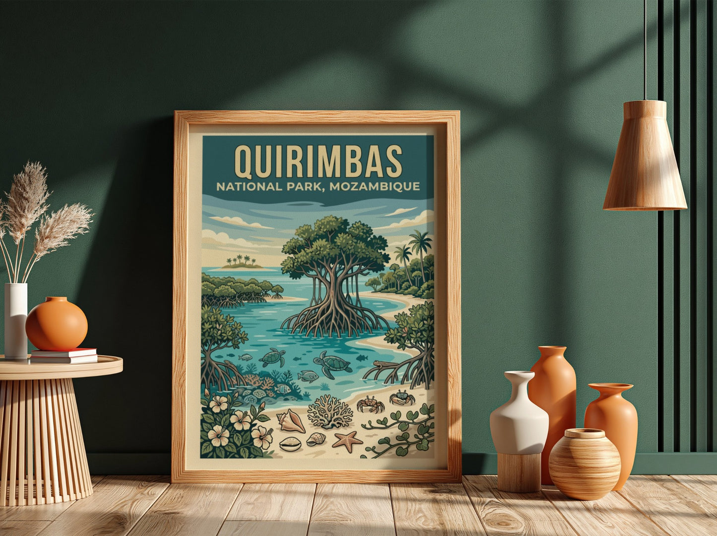 Quirimbas National Park poster featuring tropical scenery with vibrant colors and marine life elements.