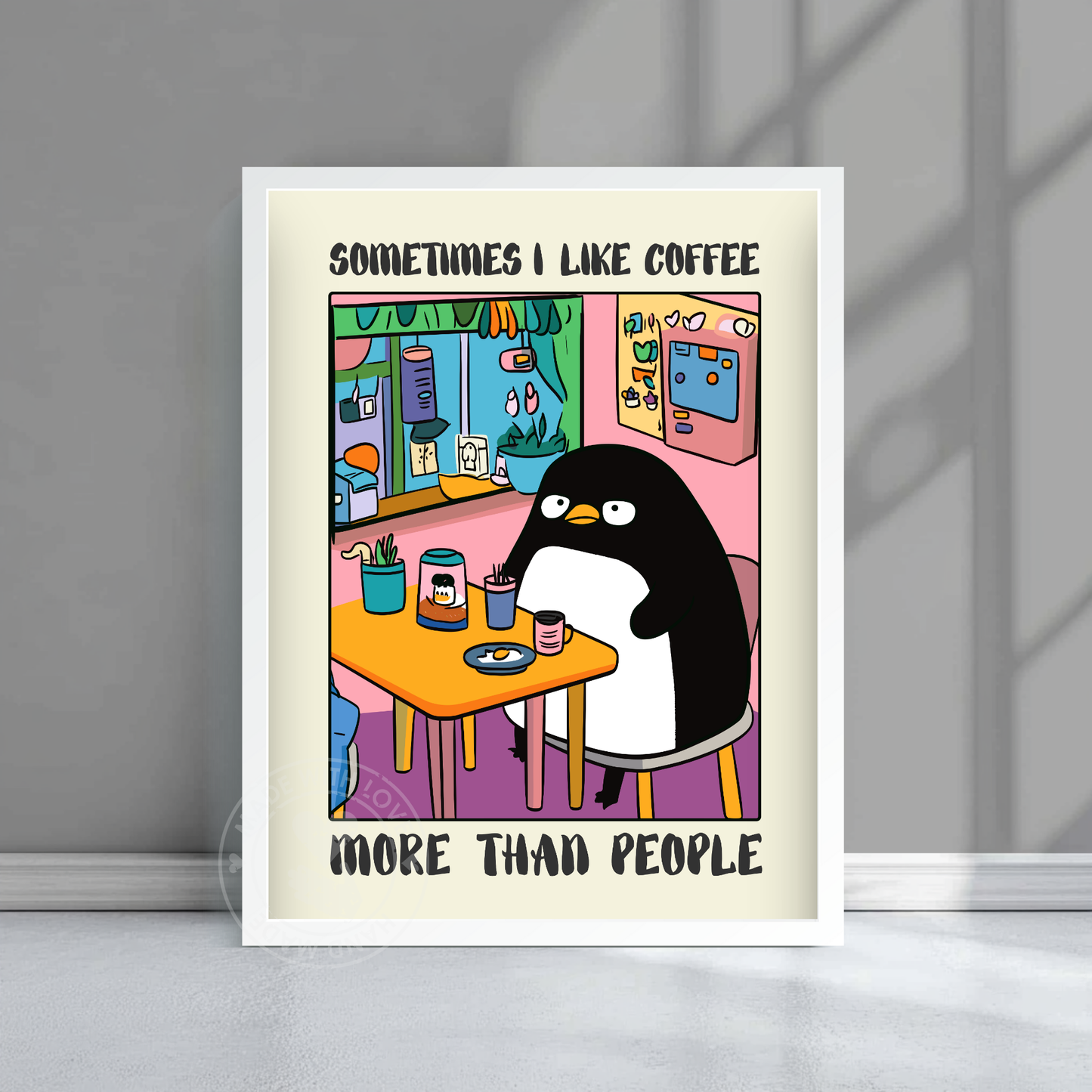 Sometimes I like coffee more than people – Funny Penguin Poster, Whimsical Wall Decor, Cottagecore Aesthetic, Vintage Penguin Print