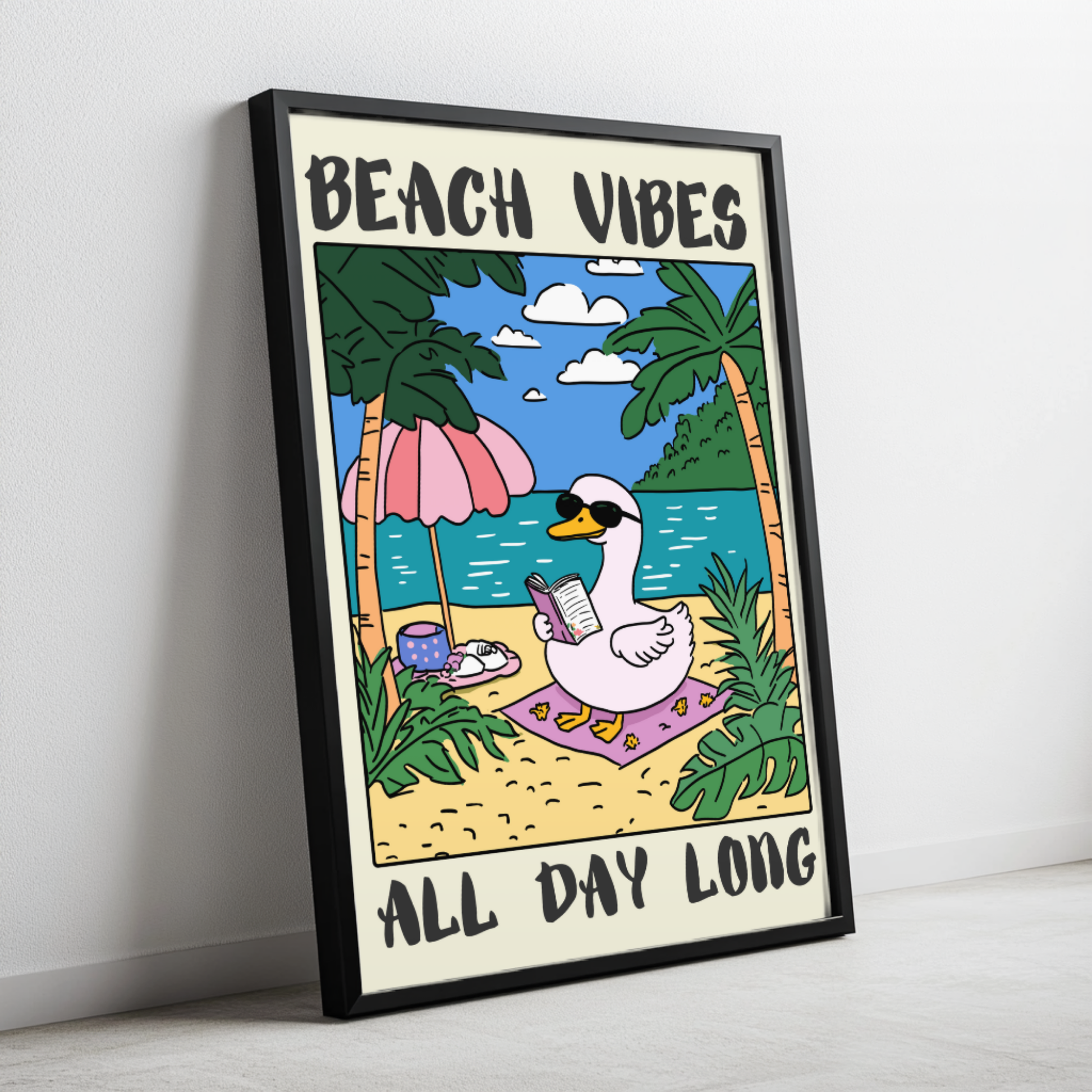Beach vibes all day long – Funny Goose Poster,  Whimsical Wall Decor, Cottagecore Aesthetic, Humor Poster