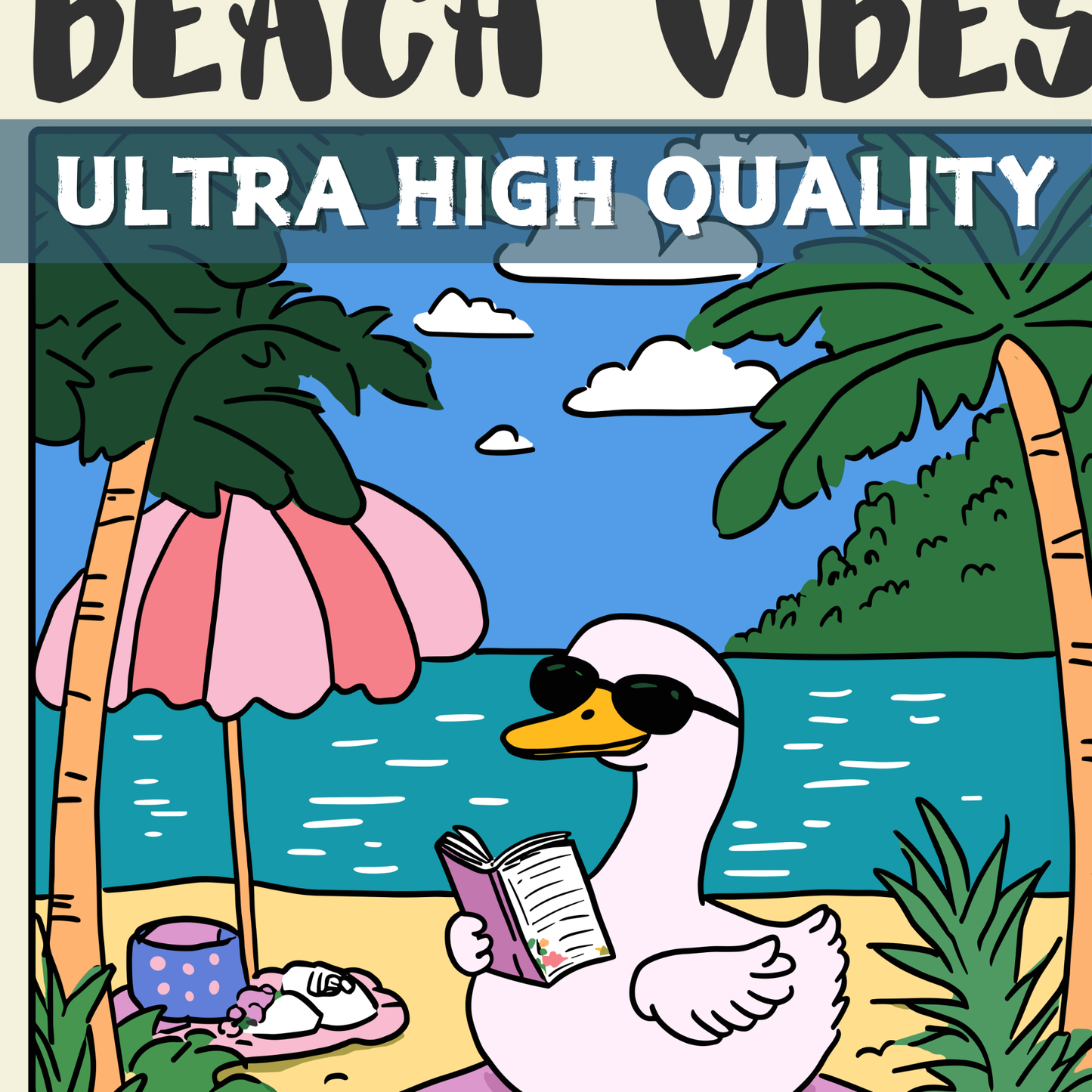 Beach vibes all day long – Funny Goose Poster, Cottagecore Aesthetic, Vintage Goose Print, Humor Poster