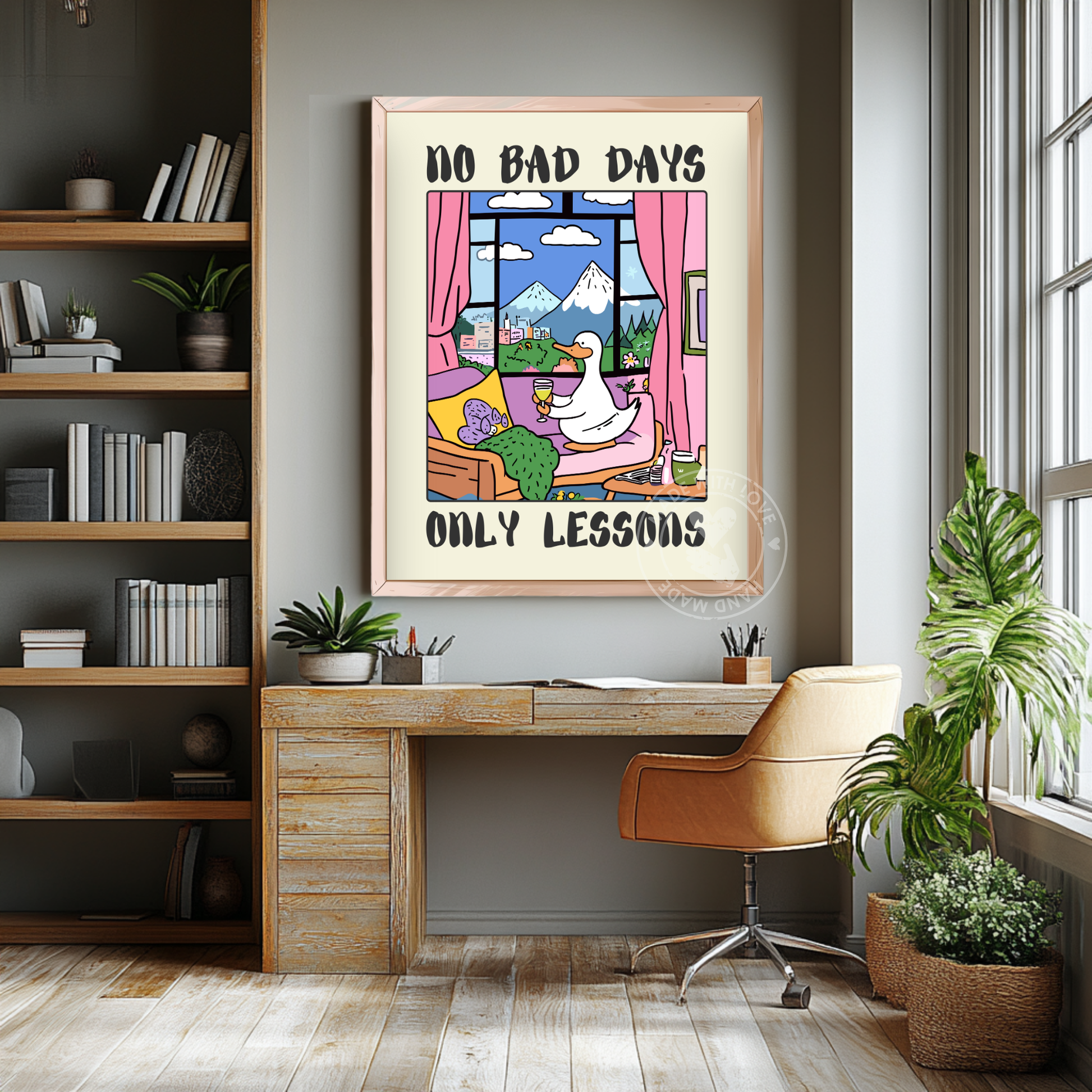 Funny Goose Poster – “No Bad Days, Only Lessons” – Whimsical Bar Decor, Cozy Vintage Illustration