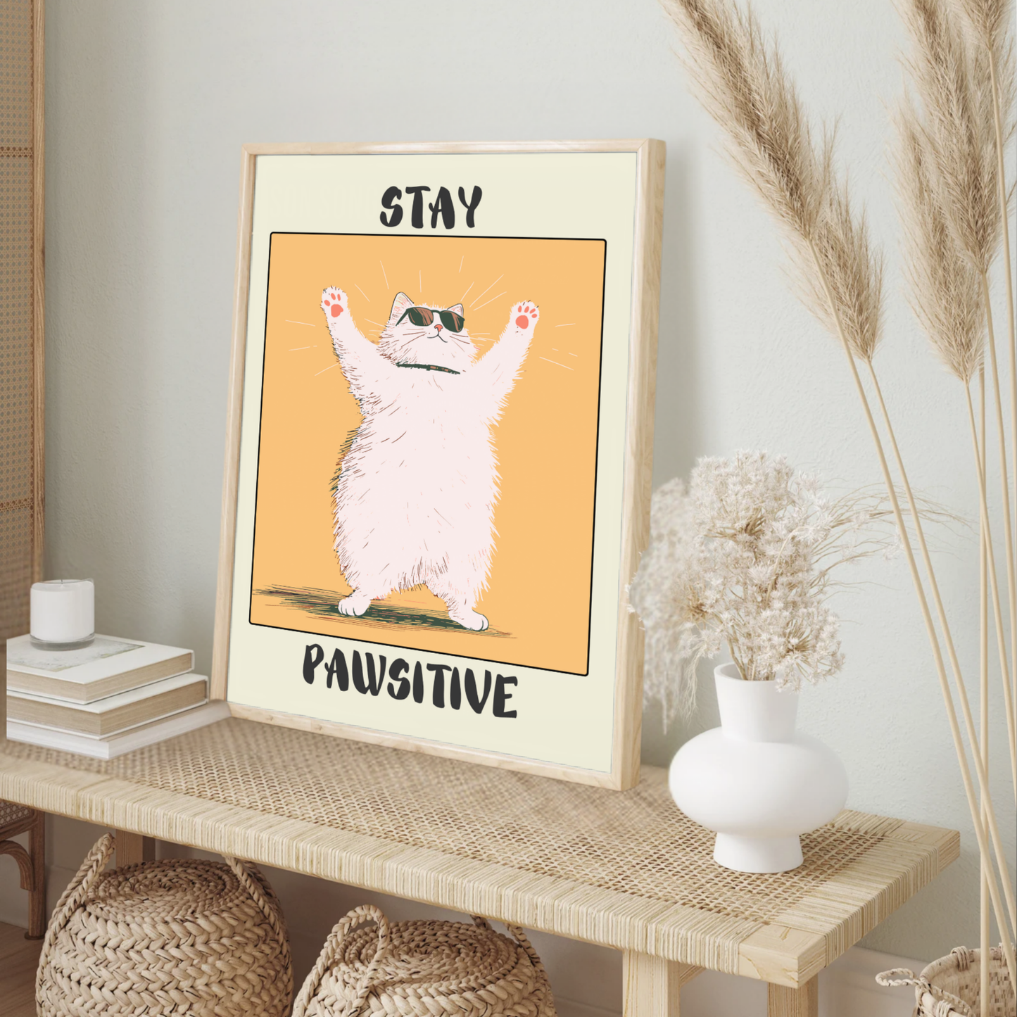 Stay Pawsitive – Funny Cat Poster, Cute Motivational Wall Art, Uplifting Animal Print