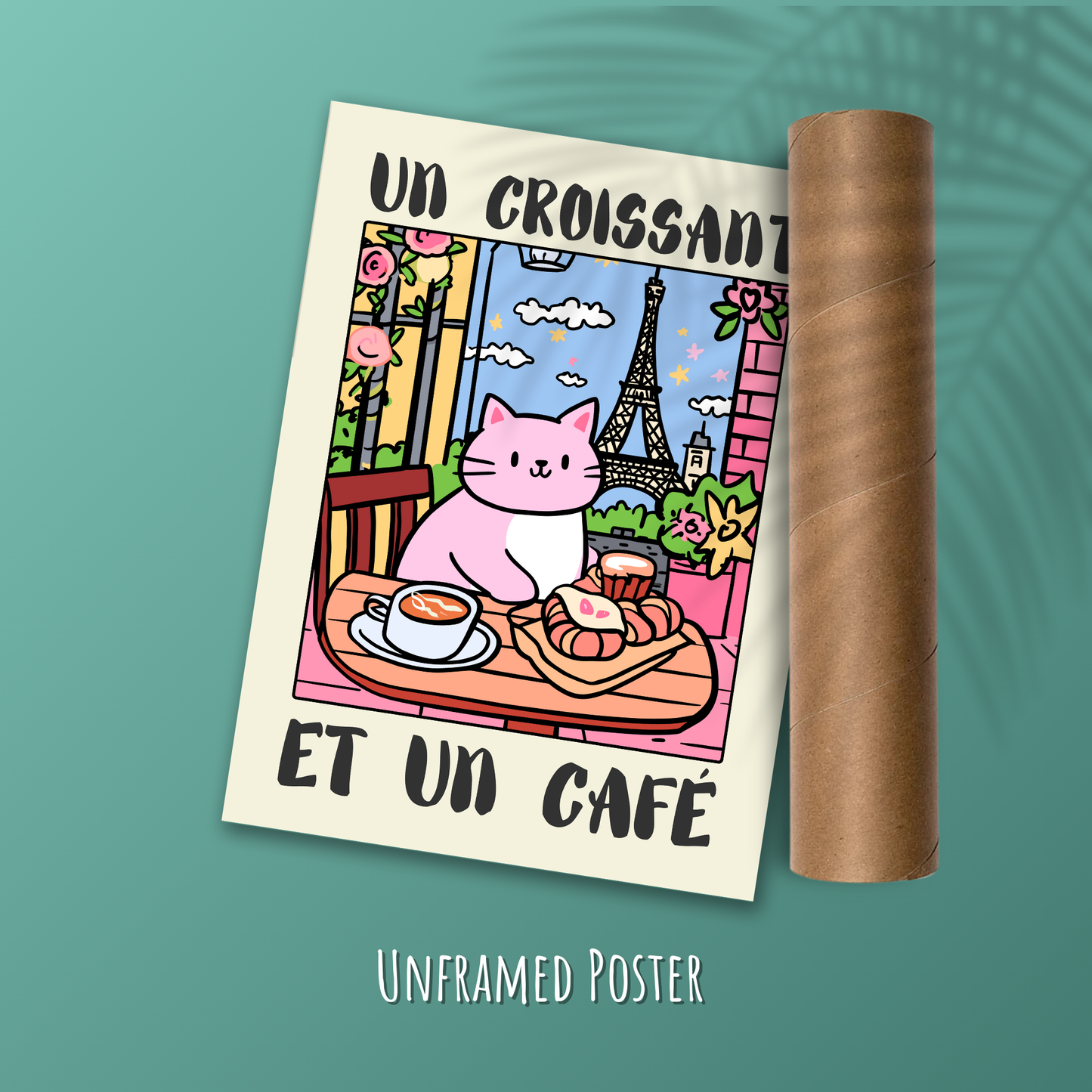 Un Croissant et Un Café – Funny Pink Cat Poster, Parisian Kitchen Art, Cute French Café Decor