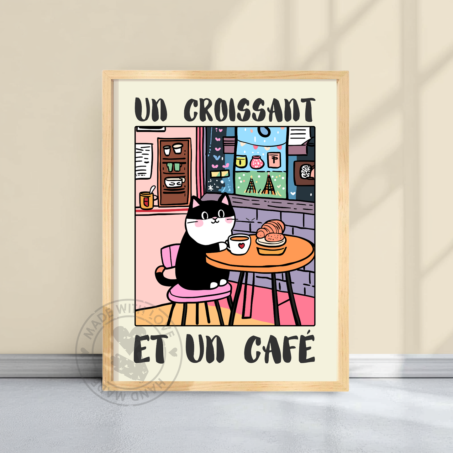 Un Croissant et Un Café – Funny Cat Poster, French Breakfast Art, Cute Kitchen Wall Decor