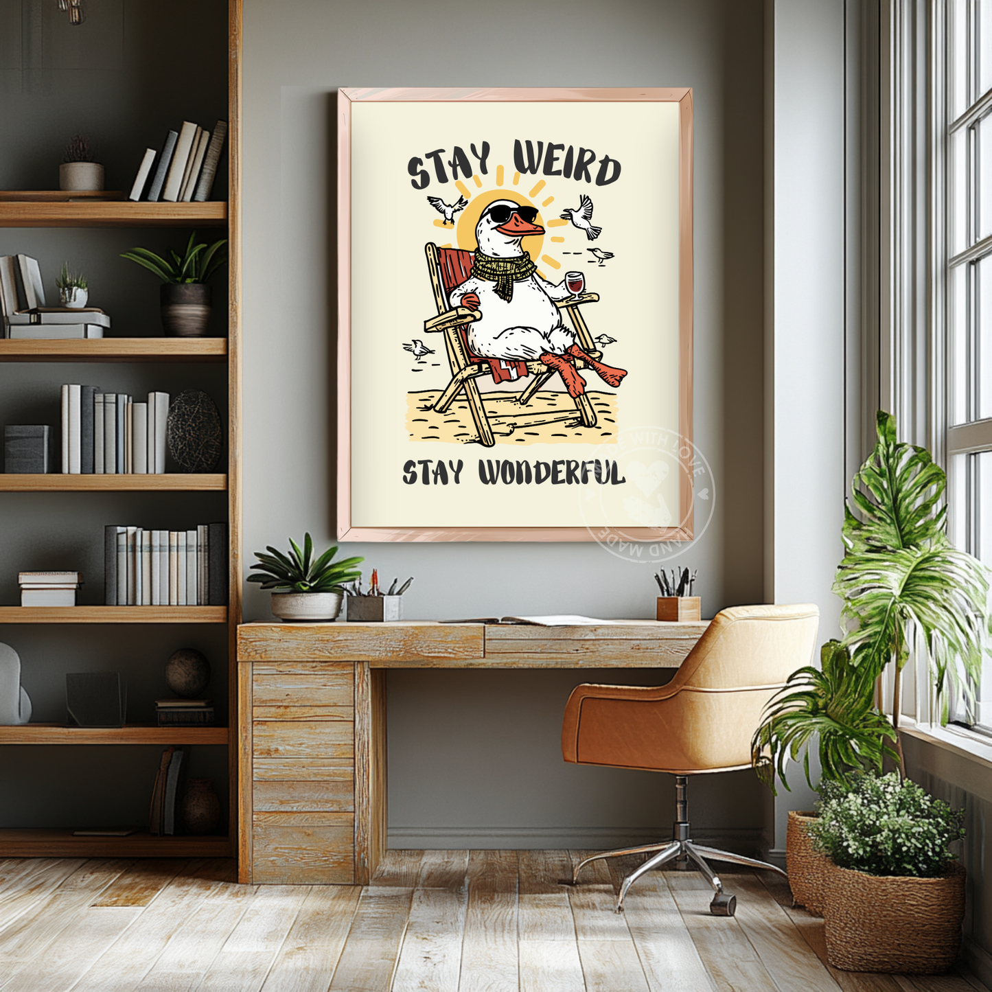 Funny Seagul Poster, Stay Weird, Stay Wonderful, Cozy Cottagecore Wall Art, Whimsical Wine Print
