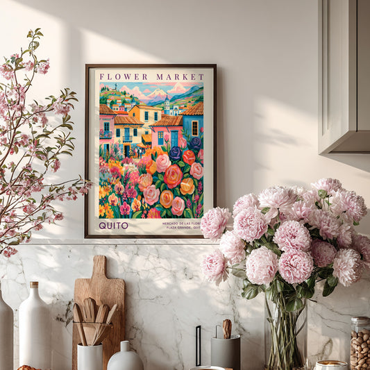 Flower market poster featuring vibrant cityscape with colorful flowers and buildings