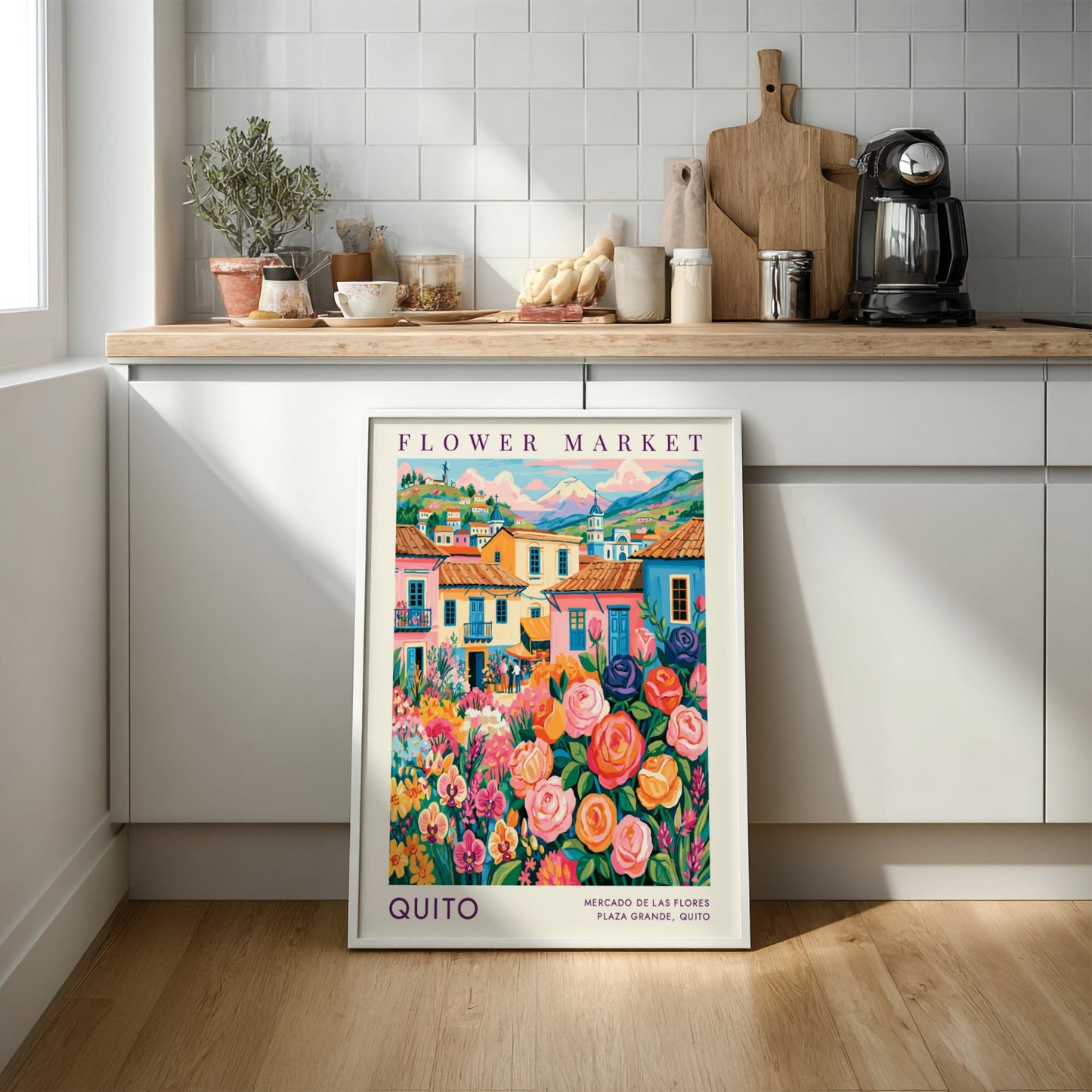 Flower market poster featuring vibrant cityscape with colorful flowers and buildings