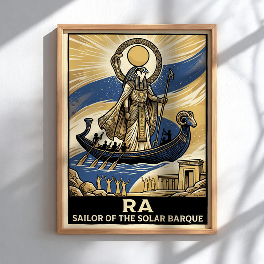 Poster featuring Ra as sailor of the solar barque in blue and gold tones.