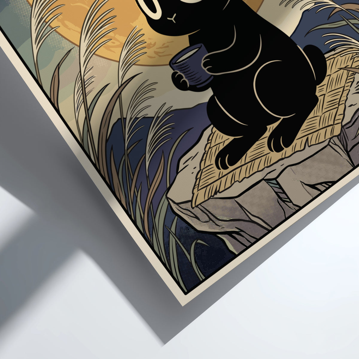 Poster of a black rabbit holding a teacup beneath a large golden moon