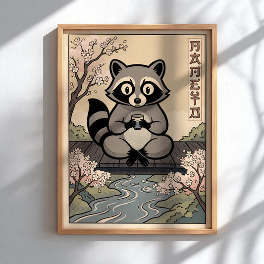 Poster featuring a zen raccoon sitting by a stream with cherry blossoms nearby.