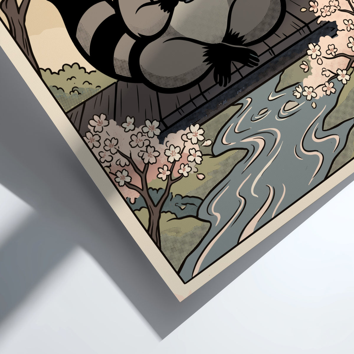 Poster featuring a zen raccoon sitting by a stream with cherry blossoms nearby.