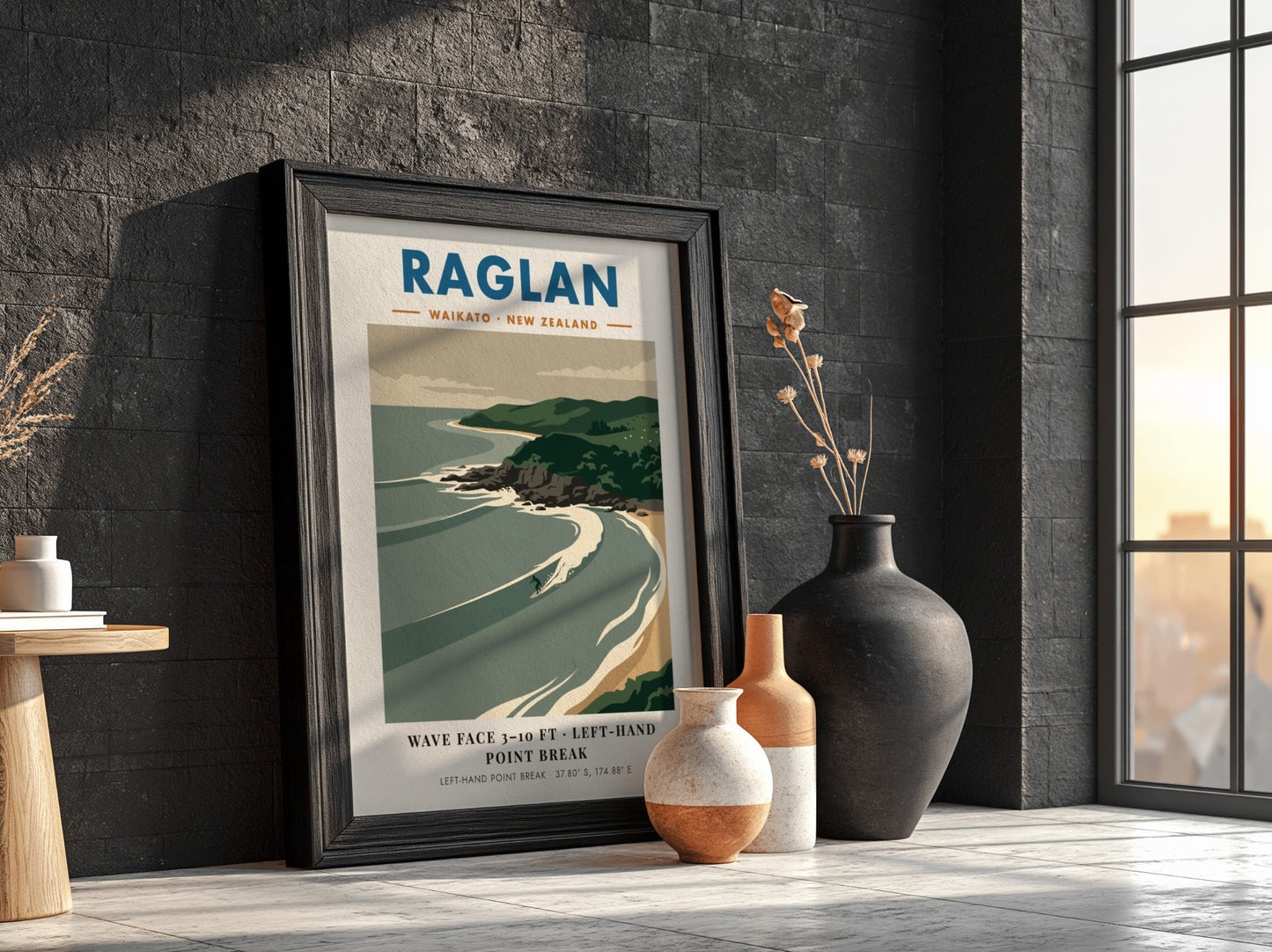 Raglan New Zealand surf poster featuring rolling waves and green cliffs in minimalist style.