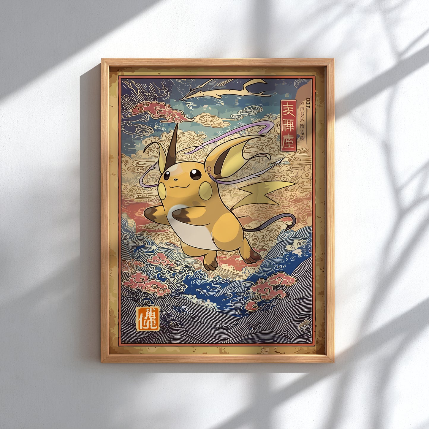 Framed artwork of Raichu Pokemon with traditional Japanese design elements on a wall.