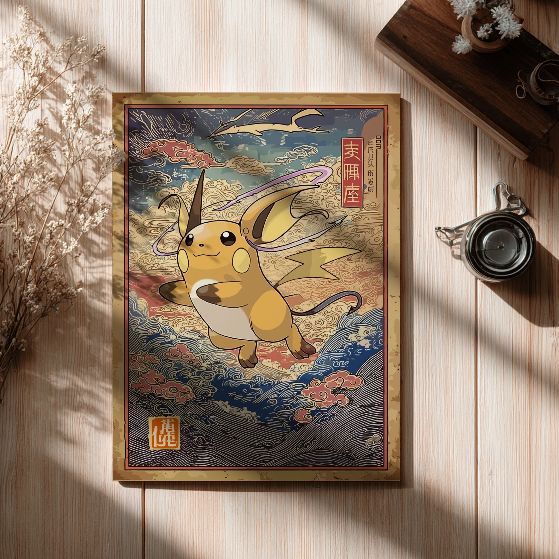 Framed artwork of Raichu Pokemon character on a wooden surface with decorative elements.