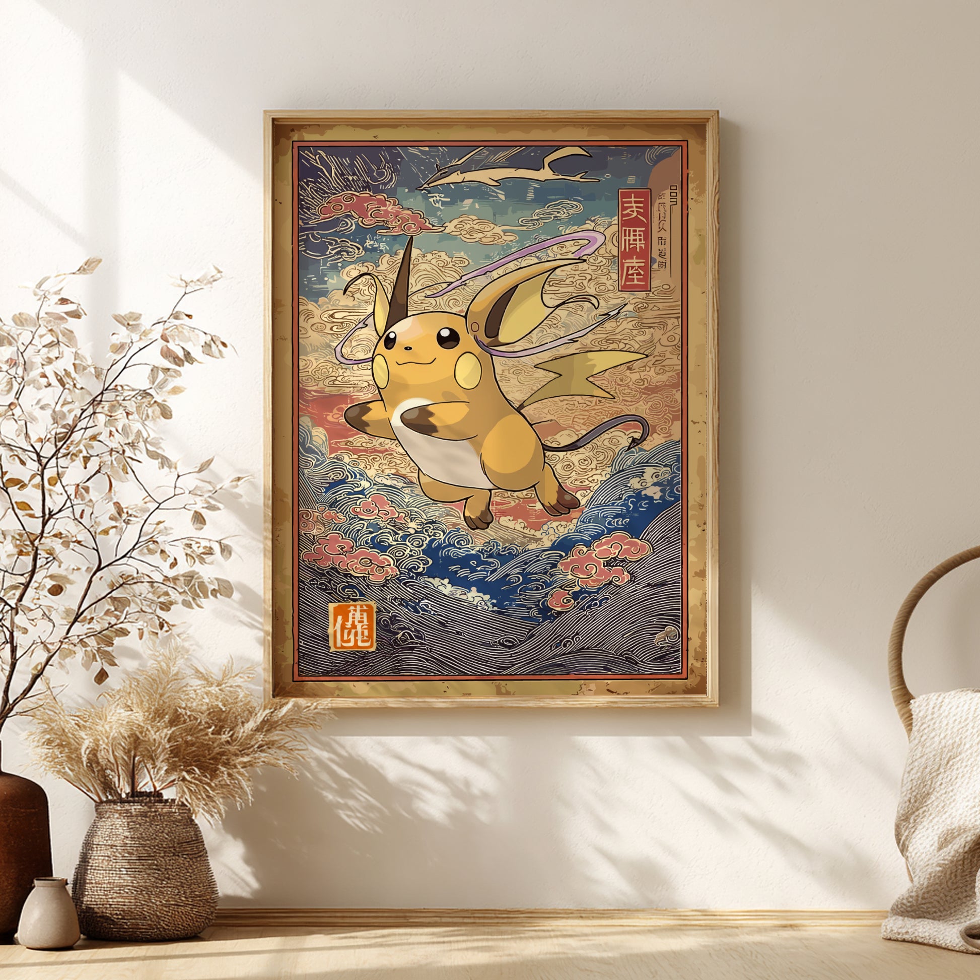 Framed artwork of Raichu Pokemon with traditional elements on a wall.
