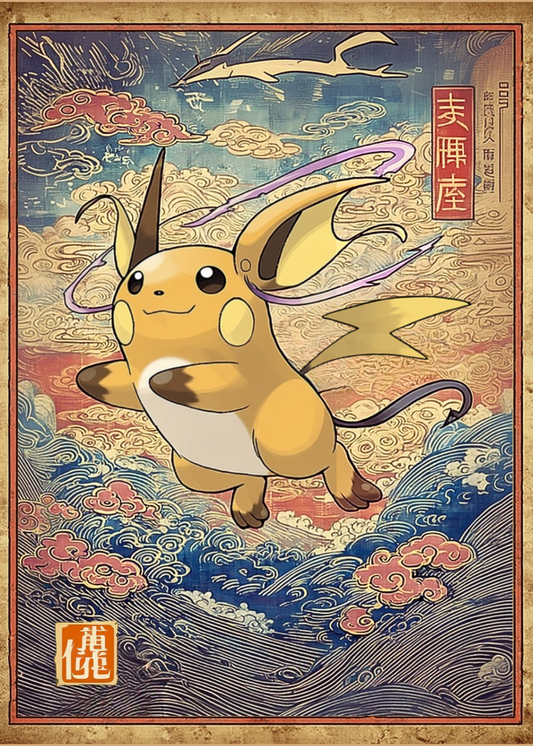 Raichu Pokemon character with fish-like features on a decorative background with waves and clouds.