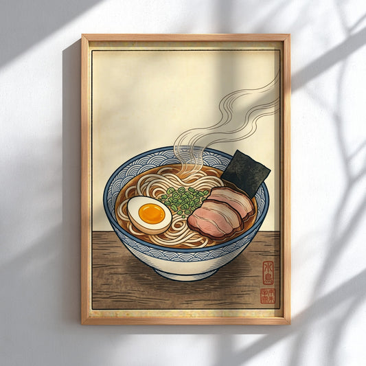 Japanese art style poster featuring a ramen bowl with steam, warm tones, and intricate details