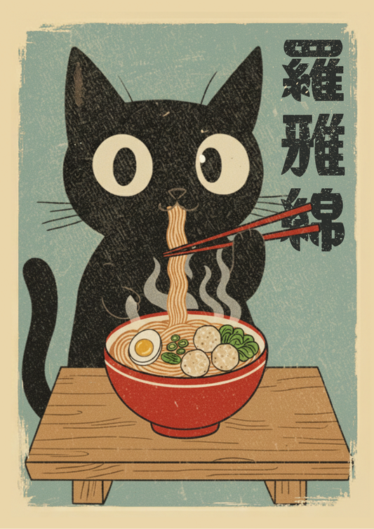 Illustration of a black cat eating ramen with chopsticks on a wooden table.