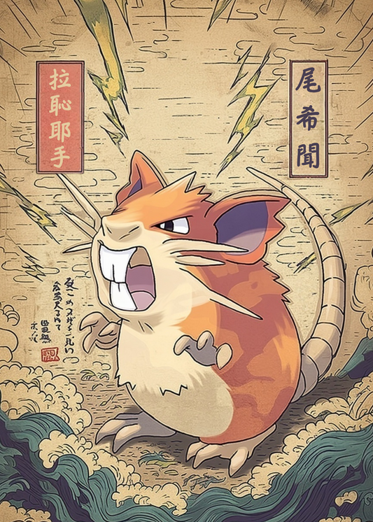 Animated Raticate Pokemon with a stylized background featuring Japanese text and traditional elements.
