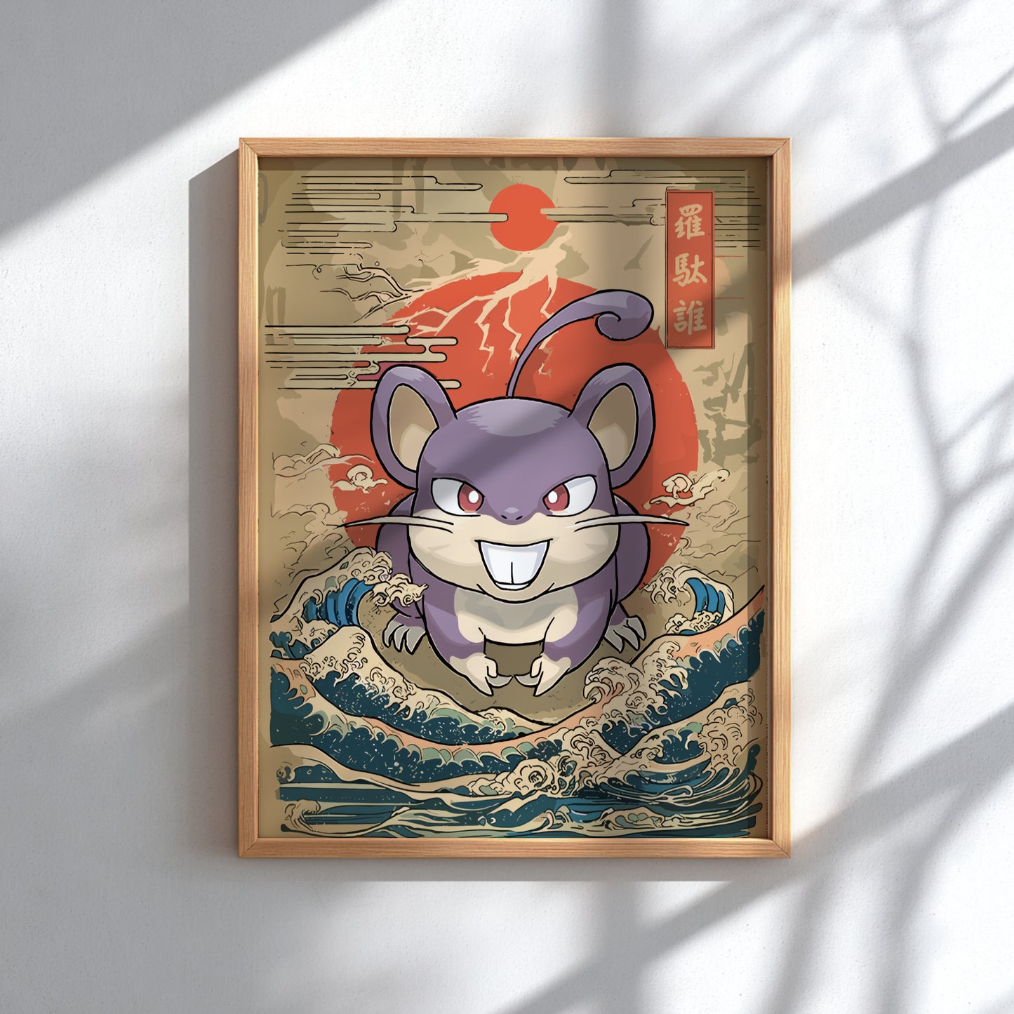 Framed artwork of a stylized Rattata Pokemon on a wave with a red sun in the background