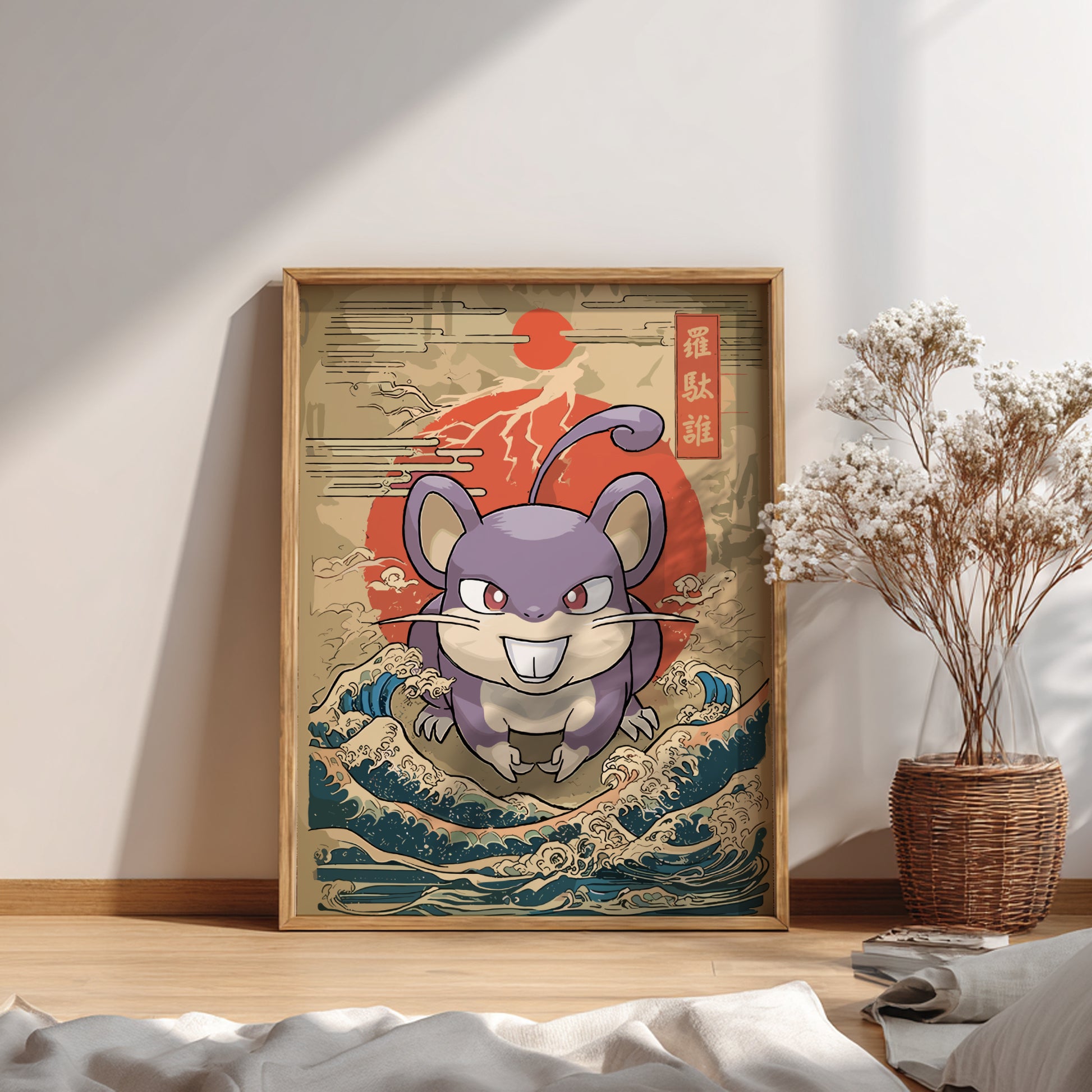 Framed artwork of a stylized Rattata Pokemon with a Japanese wave design on a wall.