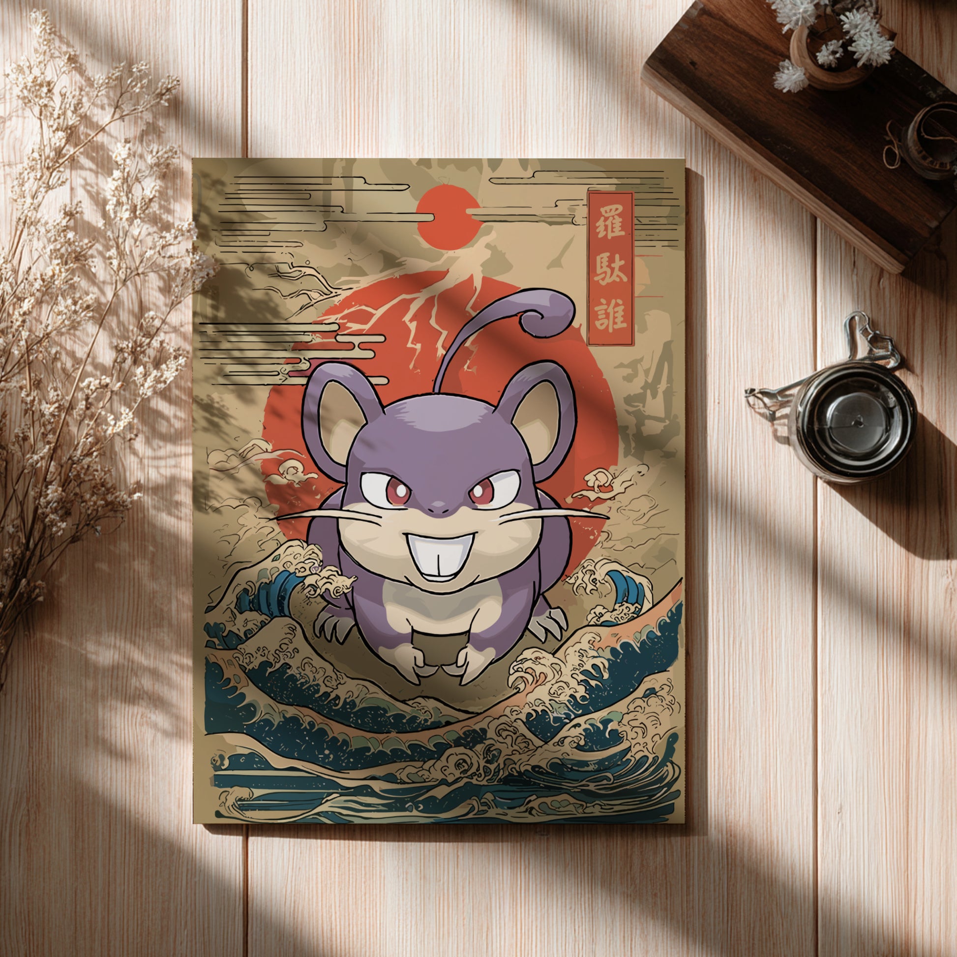 Poster with Rattata Pokemon illustration on a wooden surface
