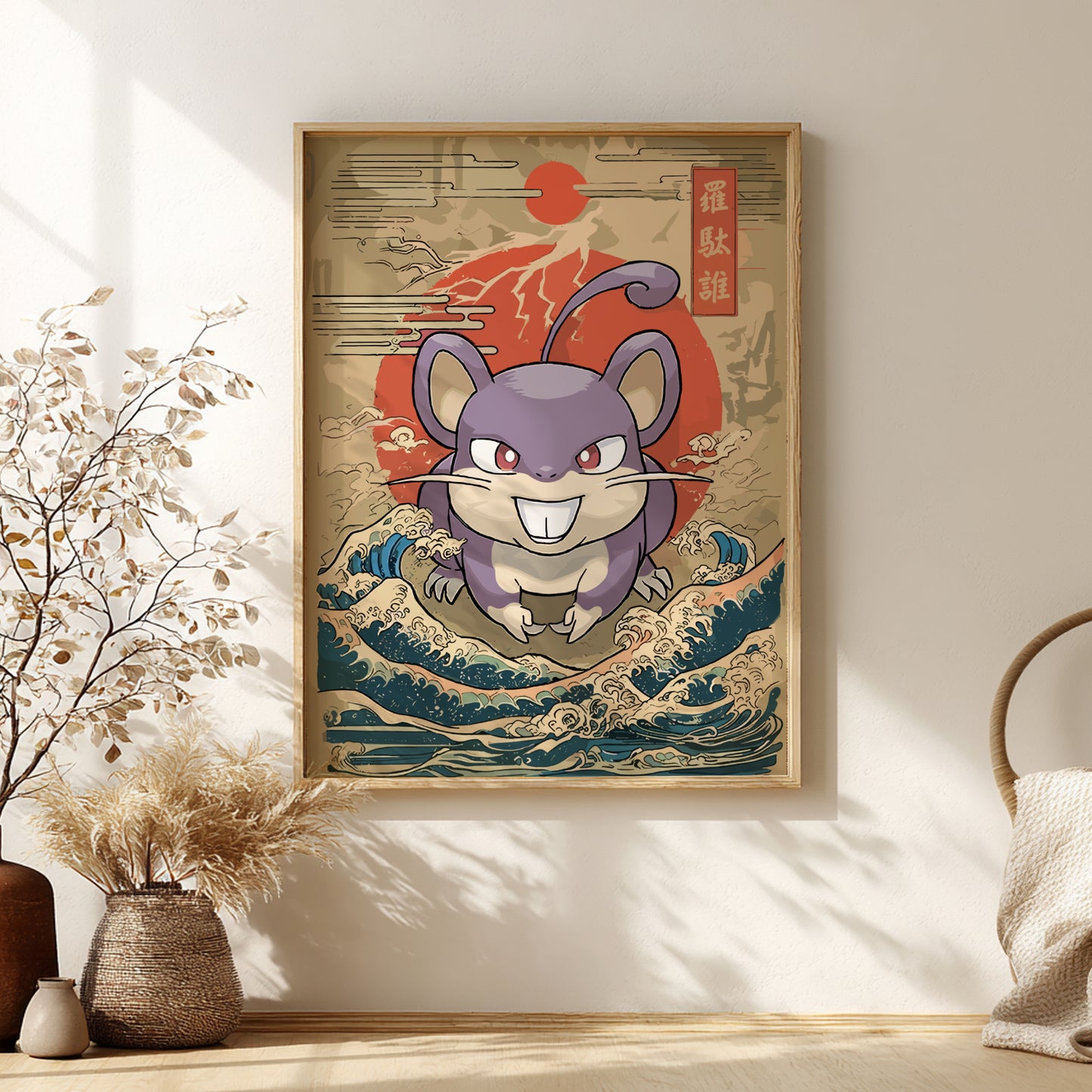 Framed artwork of a stylized Rattata Pokemon on a wave with Japanese elements in a room.