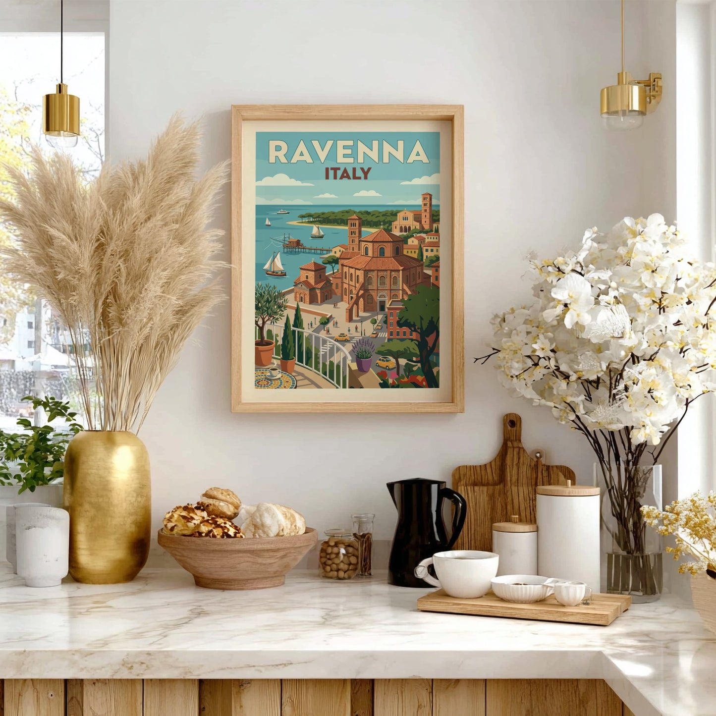 Ravenna Italy travel poster with vintage cityscape illustration and coastal view.