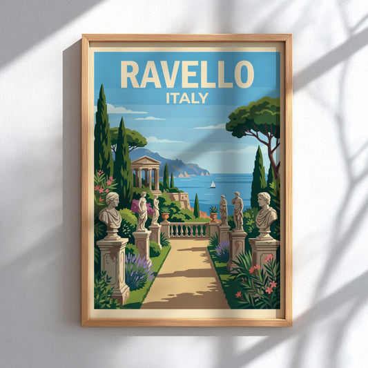 Poster of Ravello Italy featuring a stone garden path with sculptures and sea
