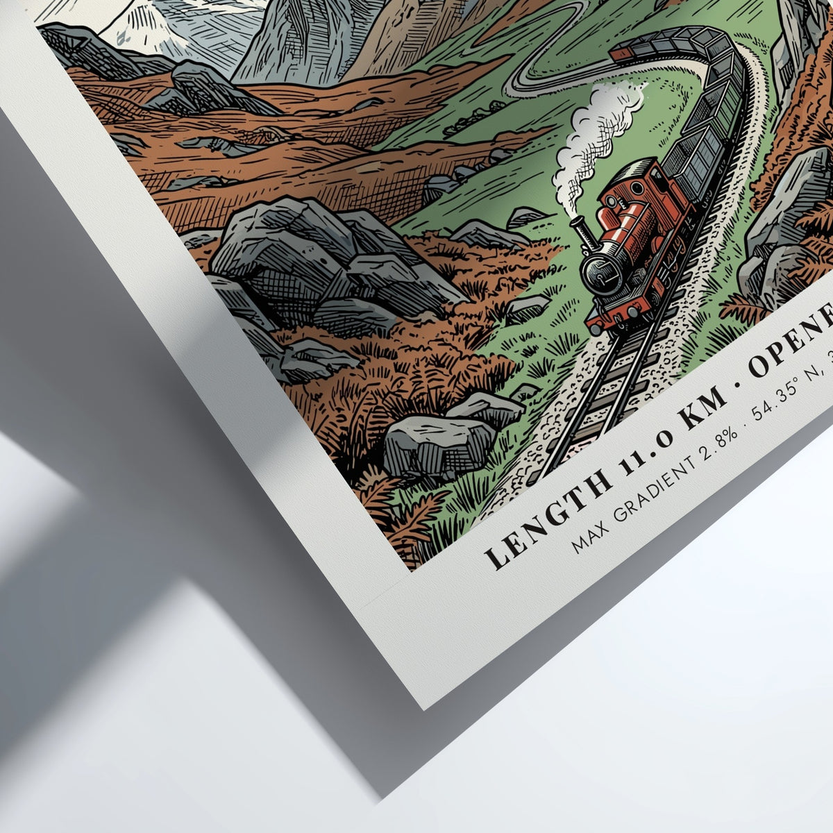 Poster featuring a steam train winding through the rugged Lake District mountain landscape.