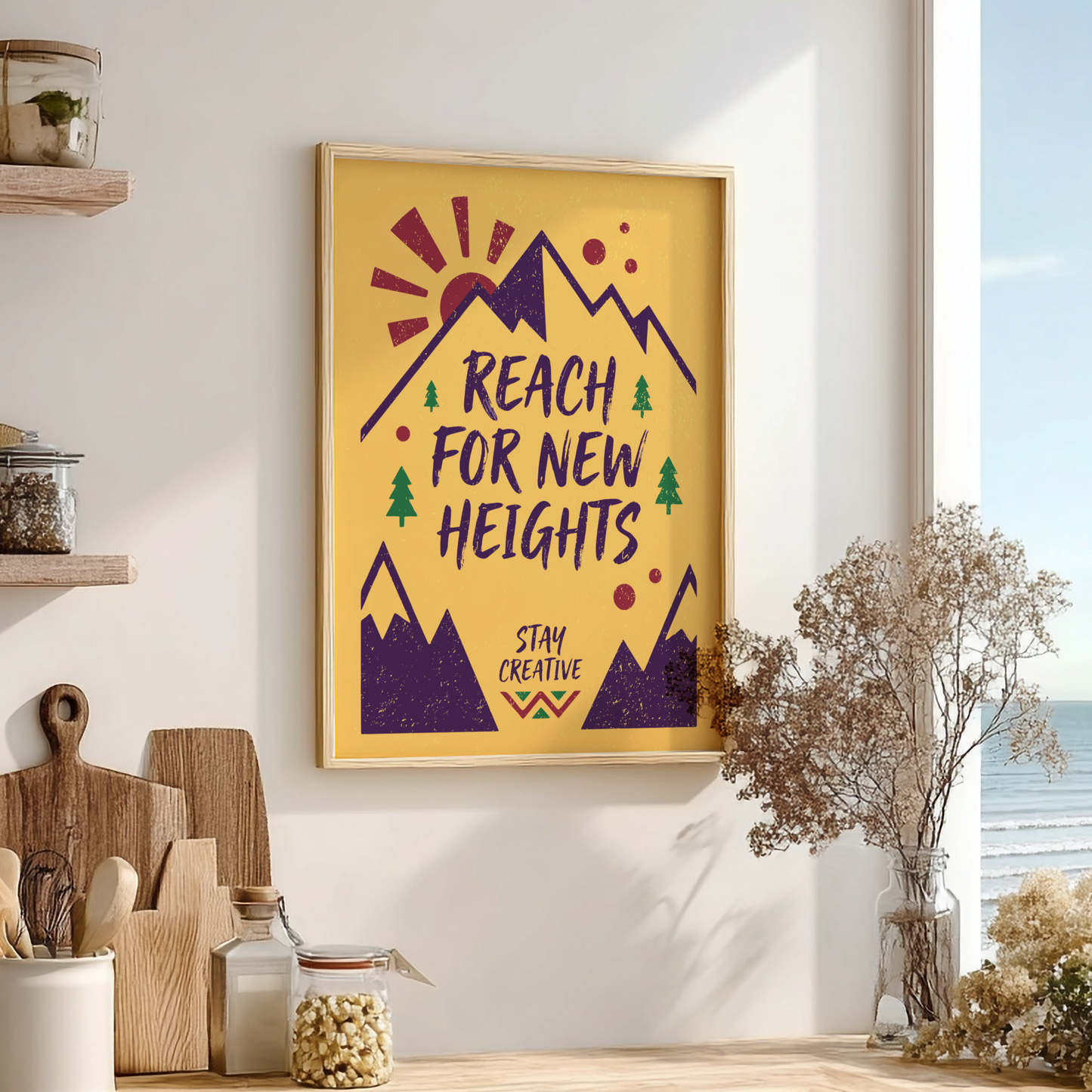 Reach For New Heights - Yellow Minimalist Motivational Wall Art
