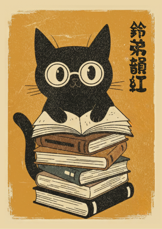 Illustration of a black cat wearing glasses sitting on books with a vintage brown background.