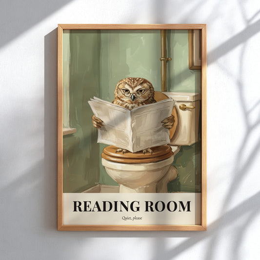 Poster of a bespectacled owl reading a newspaper on a toilet in green room