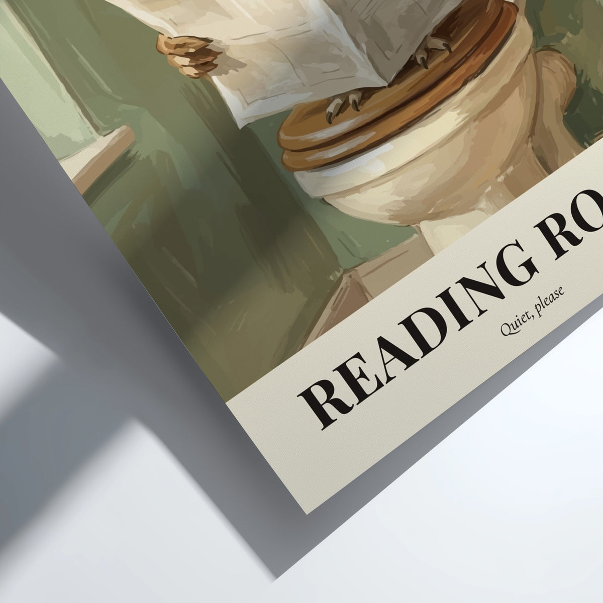 Poster of a bespectacled owl reading a newspaper on a toilet in green room