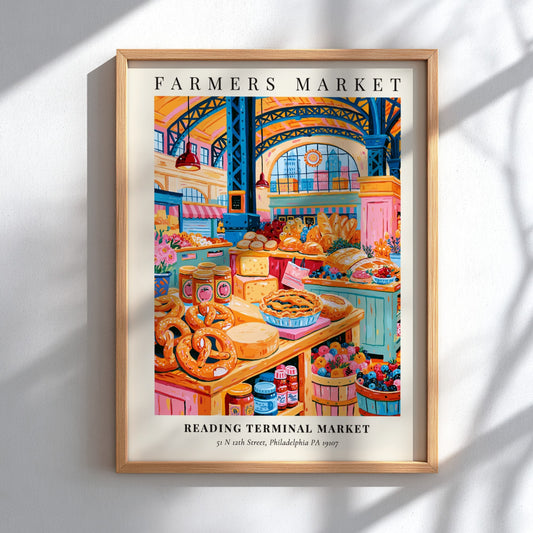 Reading Terminal Market poster featuring colorful produce and baked goods in a vibrant farmers market scene