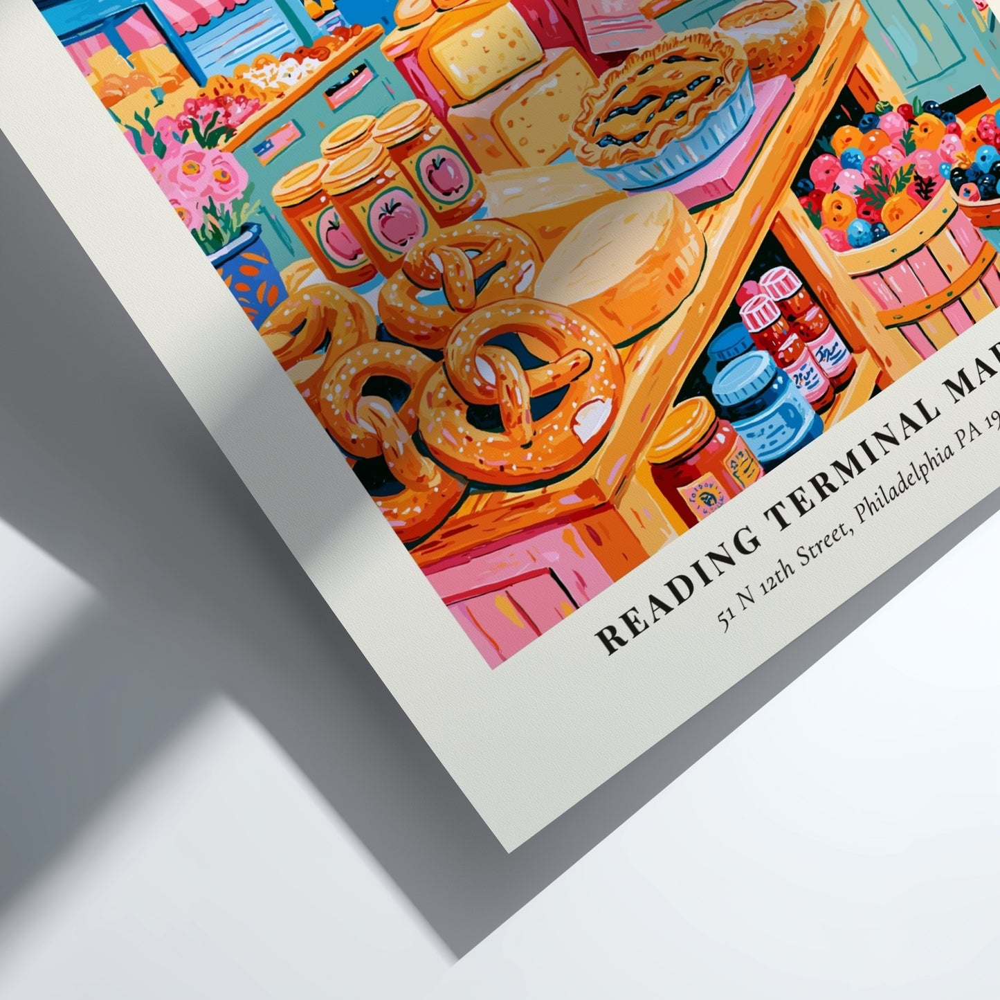 Reading Terminal Market poster featuring colorful produce and baked goods in a vibrant farmers market scene