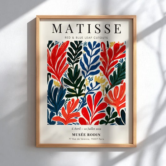 Henri Matisse poster featuring red and blue leaf cutouts in vibrant colors and bold style