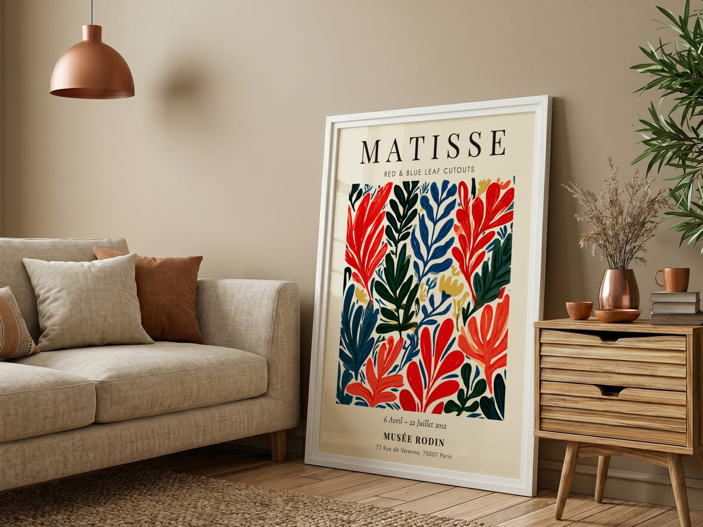 Henri Matisse poster featuring red and blue leaf cutouts in vibrant colors and bold style